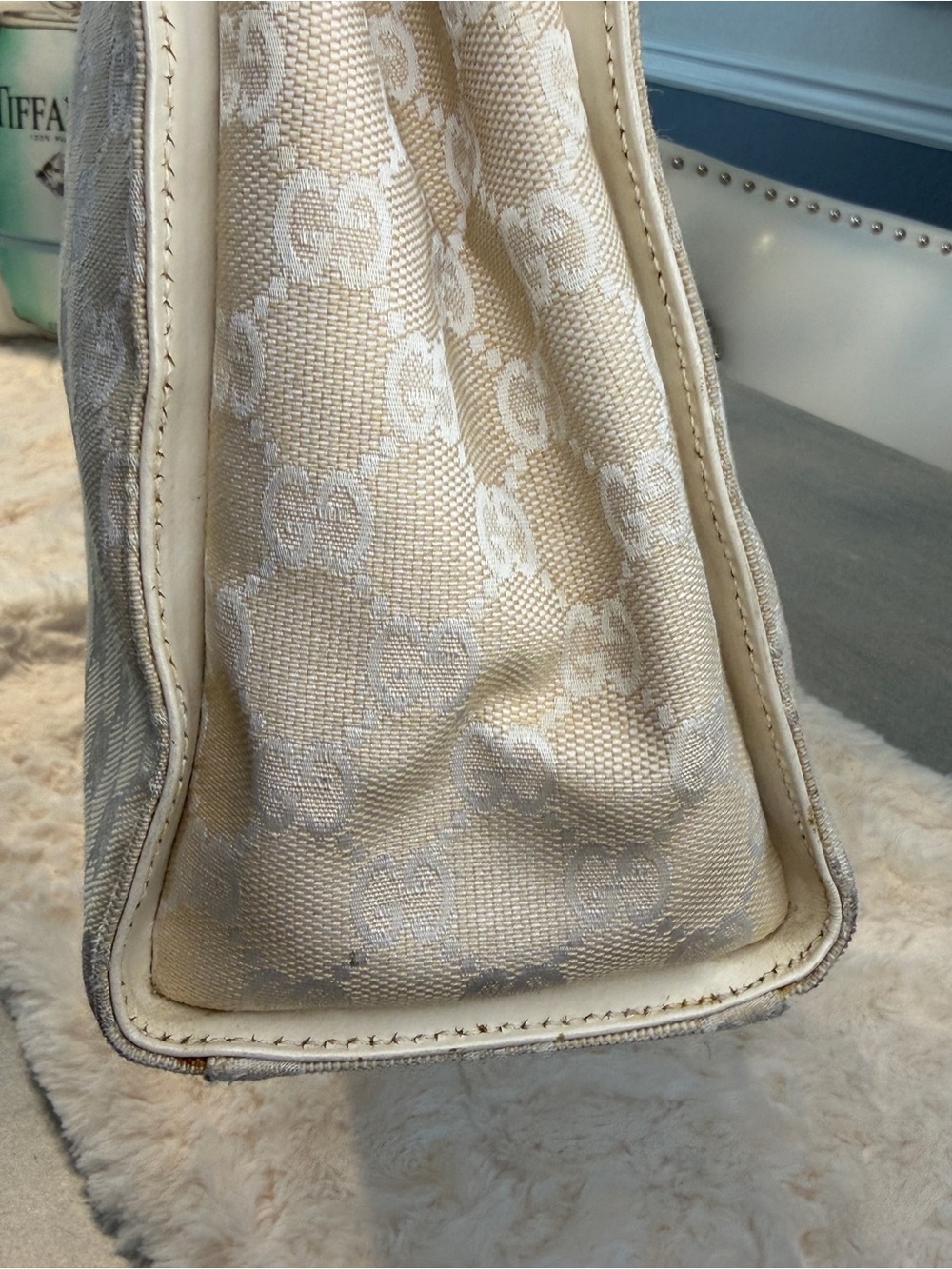 Gucci GG Canvas Bamboo Handle Tote Ivory Beige Vintage Italy - Picture 6 of 13